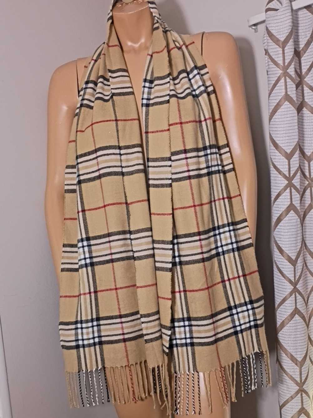 Unisex Beige Plaid Fringe Scarf - 100% Cashmere